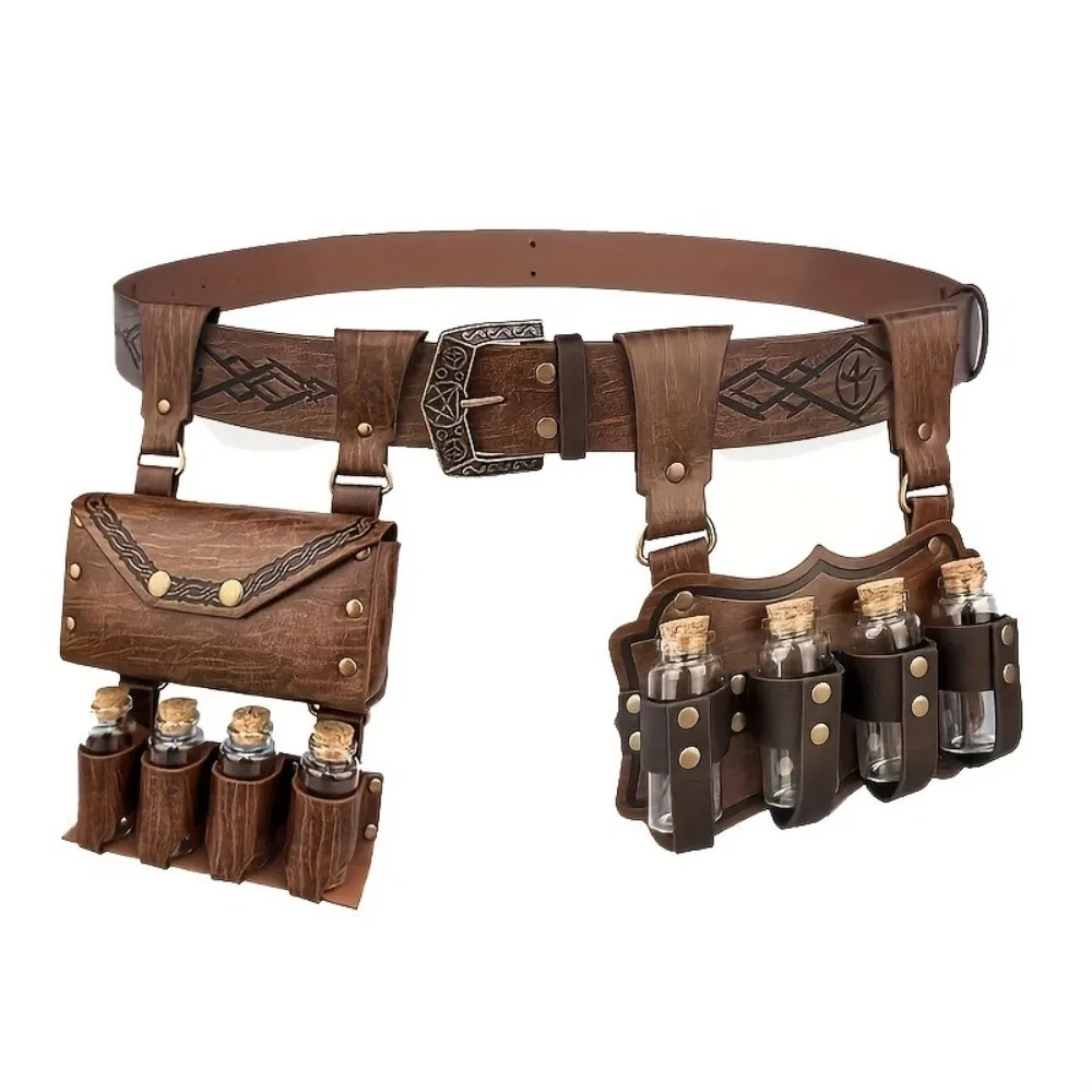 2/3/4pcs Embossed Medieval Wizard Cosplay Set Vintage Fantasy Medieval Leather Pendant PU Knight Waist Bag Belt Photo Pros