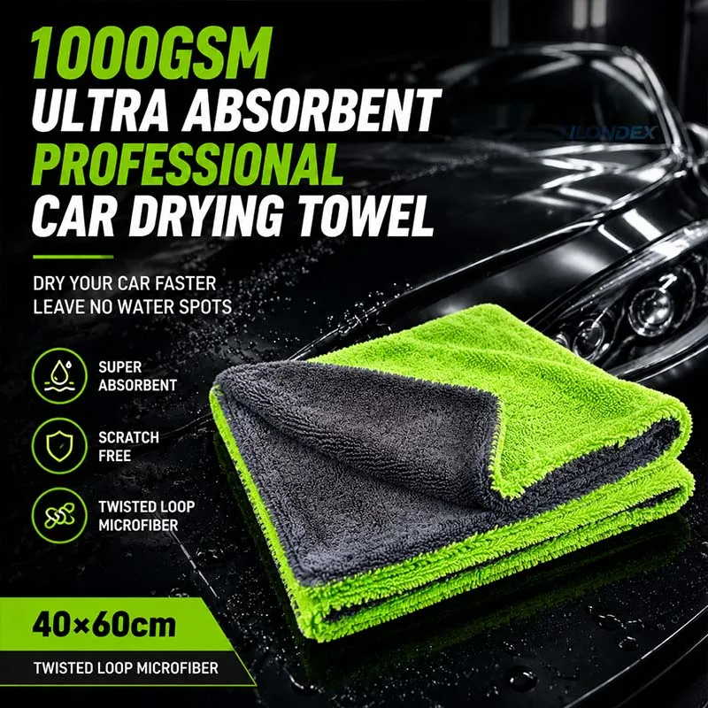 1000GSM Premium Microfiber Car Towel Twisted Loop Drying Towel Dual Sided Paint Safe Auto Detailing Cleaning Cloth