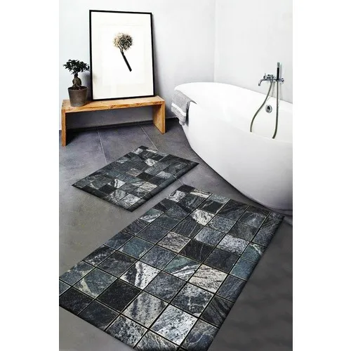 Else Carpet Else Gray Black Marble Pattern Washable Anti-Slip Soles 2li Bath Mat Doormat Toilet Seat Pad