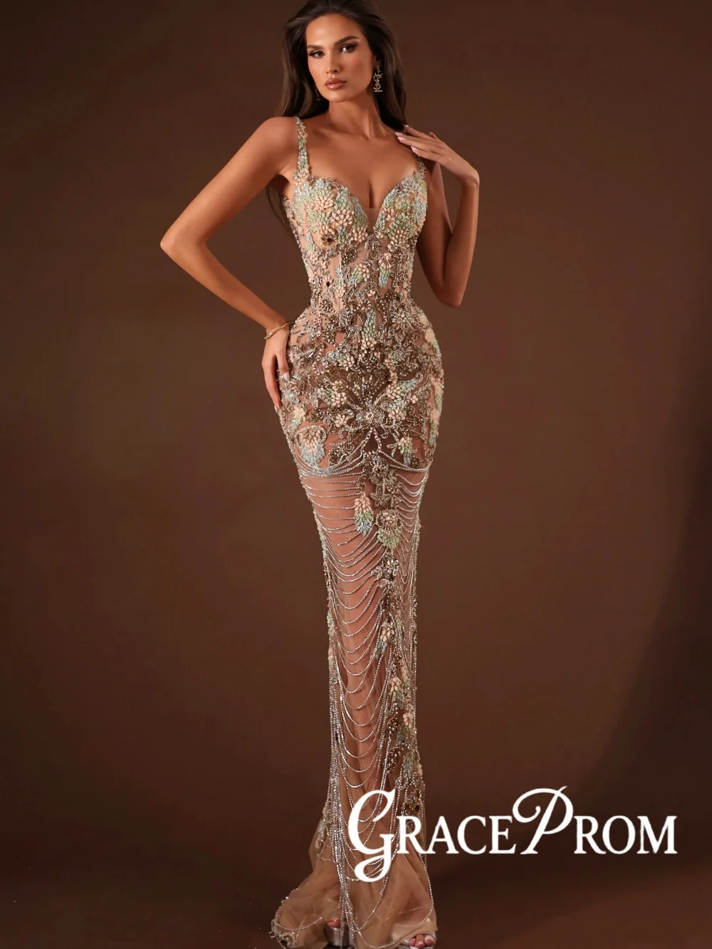 

Fully hand embroidered Evening Dress Silver Chain Thin Straps Wedding Party Gown Customized Illusion Sheath Red Carpet Gowns