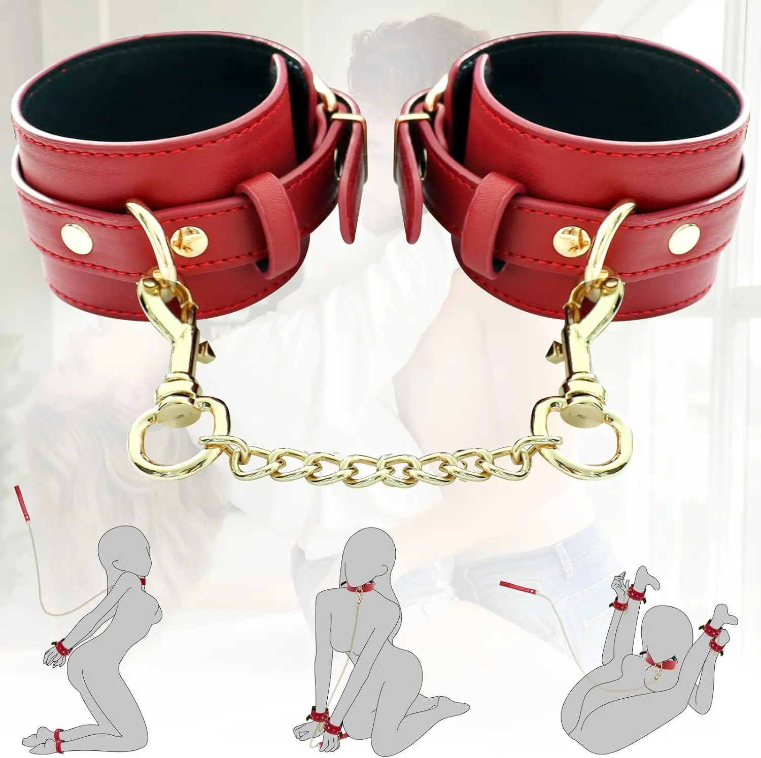 الأحمر BDSM الجنس عبودية عدة الجنس لعب للأزواج مثير الرقيق قابل للتعديل الجلود اليد الكاحل الأصفاد المختنق للزوجين SM ألعاب الجنس أداة