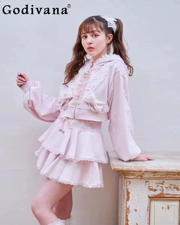 

Liz Classic Pink Lolita Long Sleeve Coat + Skirt 2-piece Set Girl Women's Japanese Mine Sweet Cute Bow Hooded Top Cake Skirt Set