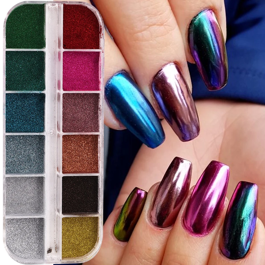 

12 сеток, блестки для ногтей, металлическая пыль, УФ-гель-лак, пигмент, блестящее металлическое украшение для маникюра, красочная волшебная зеркальная пудра, хромированный