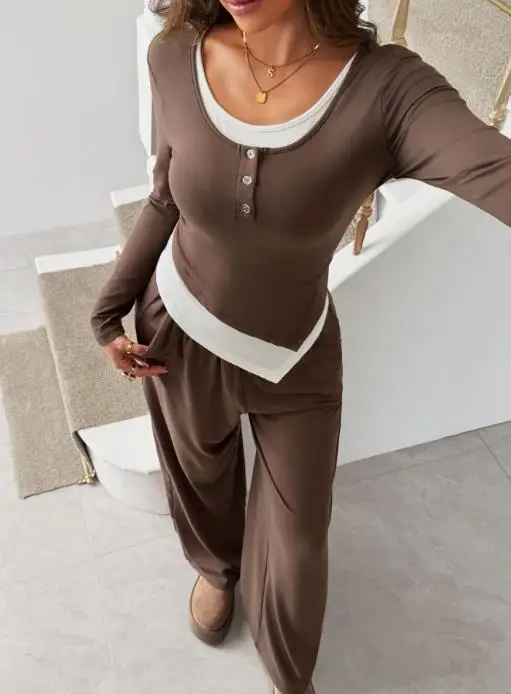 2025 Autumn and Winter Vacation Long Sleeved T-Shirt Long Pants Two-Piece Set Women's Clothing