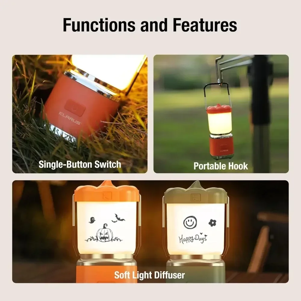 

KLARUS CL8 Small Camping Lantern & Light, Pumpkin Pocket Rechargeable Camping Flash Light Tent Light, Hanging Hook