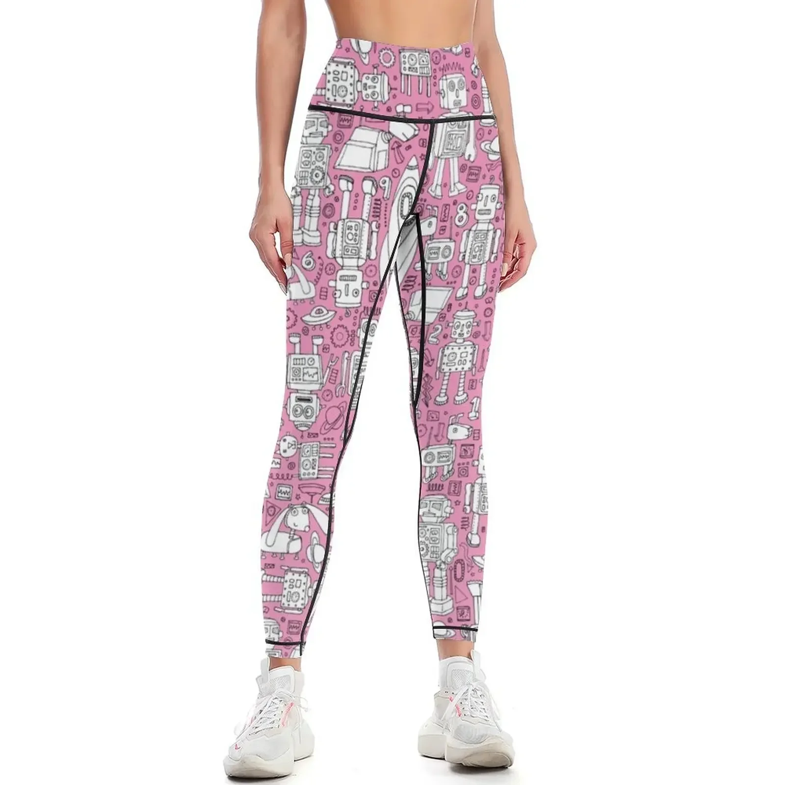 

Robot Pattern - pink and white - fun pattern by Cecca designs Leggings legging push up high waist Womens Leggings