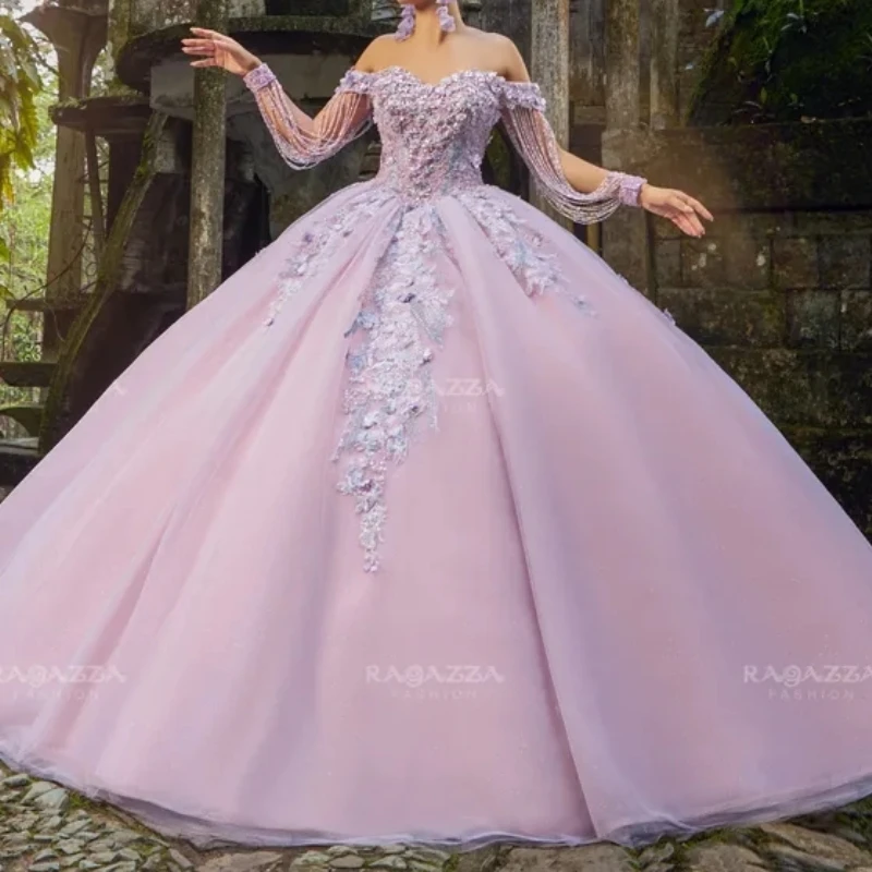 Sparkly Lilac Ball Gown Quinceanera Dress Elegant Luxury Prom Dresses 3D Floral Appliques Lace Beads Tull Party Birthday vestido