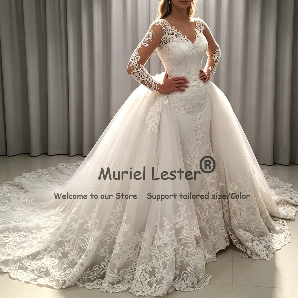 Handmade Lace Applique Mermaid Wedding Dress With Detachable Train 2 Piece Sets Bride Marriage Gowns Customized Robe De Mariee