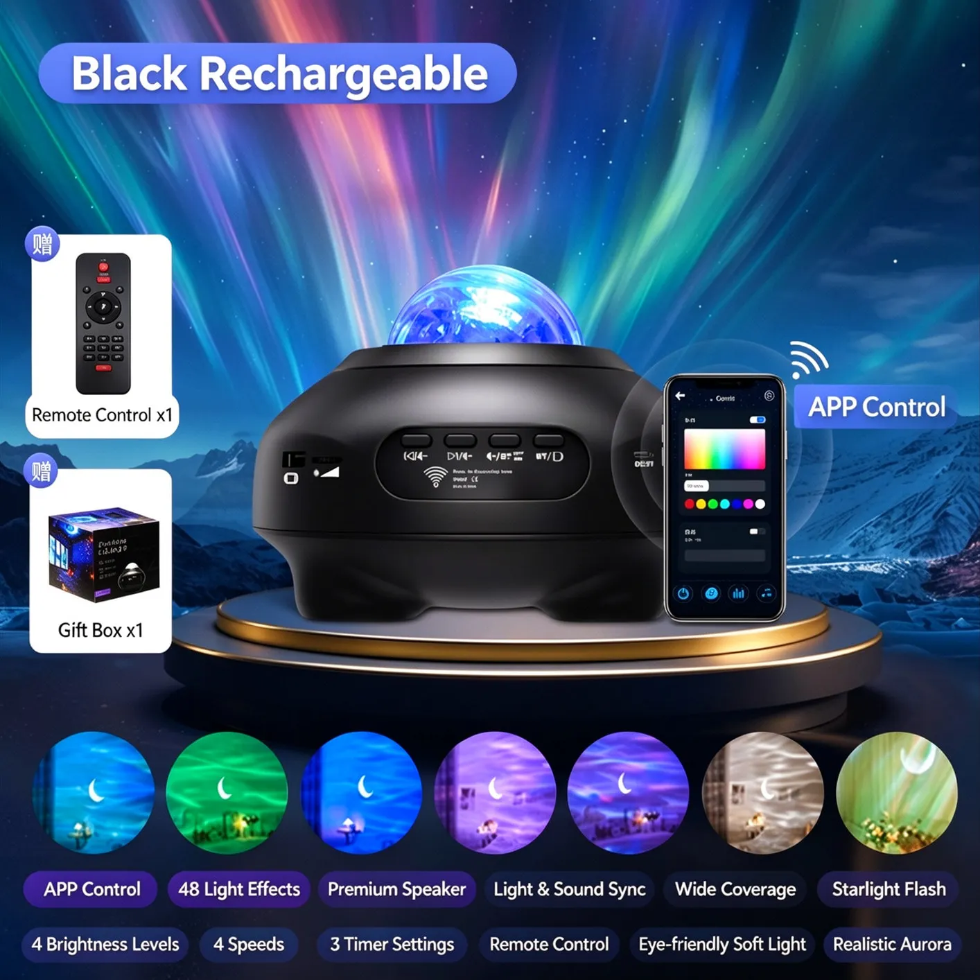 Galaxy Star Projector Night Light with APP, Bluetooth Speaker, Music Sync, 2400mAh, 4H Timer, 9 Modes for Bedroom Kids Party CE