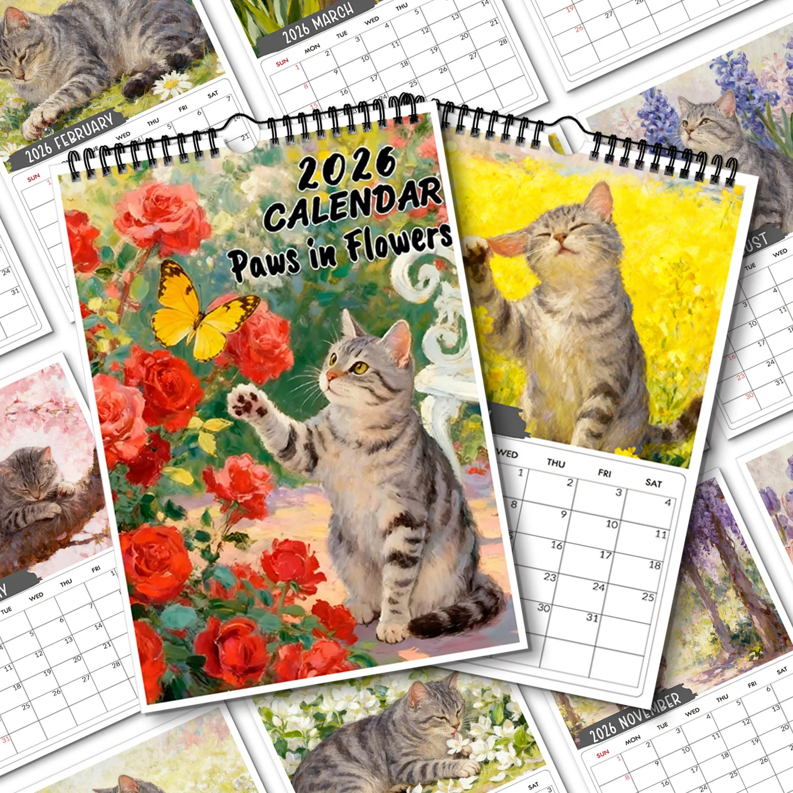 

1PC 2026 Wall Calendar, Flower and Cat Theme, Perfect for Home & Office Decor, Playful Design,Exquisite Illustrations