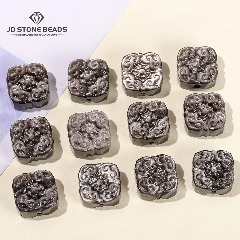 

1 Pc Natural Stone Silver Obsidian Wealth Square Carved Bead With Hole For Jewelry Making Diy Necklace Pendant Accessory