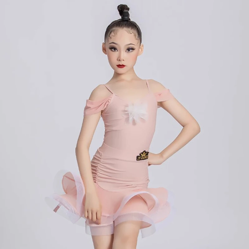 ملابس الرقص اللاتينية للأطفال والبنات والأطفال بحزام سباغيتي وردي وتنانير على شكل هيكل السمكة قابلة للطي ملابس الرقص المنافسة