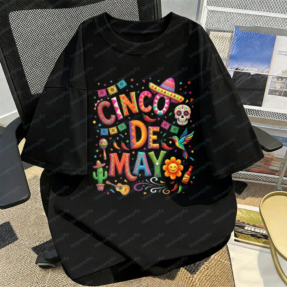 Cinco De Mayo Print Tee Mexican Fiesta Cotton T-Shirt Unique Holiday Gift Idea Vintage Fashion Streetwear Clothes for Women Men