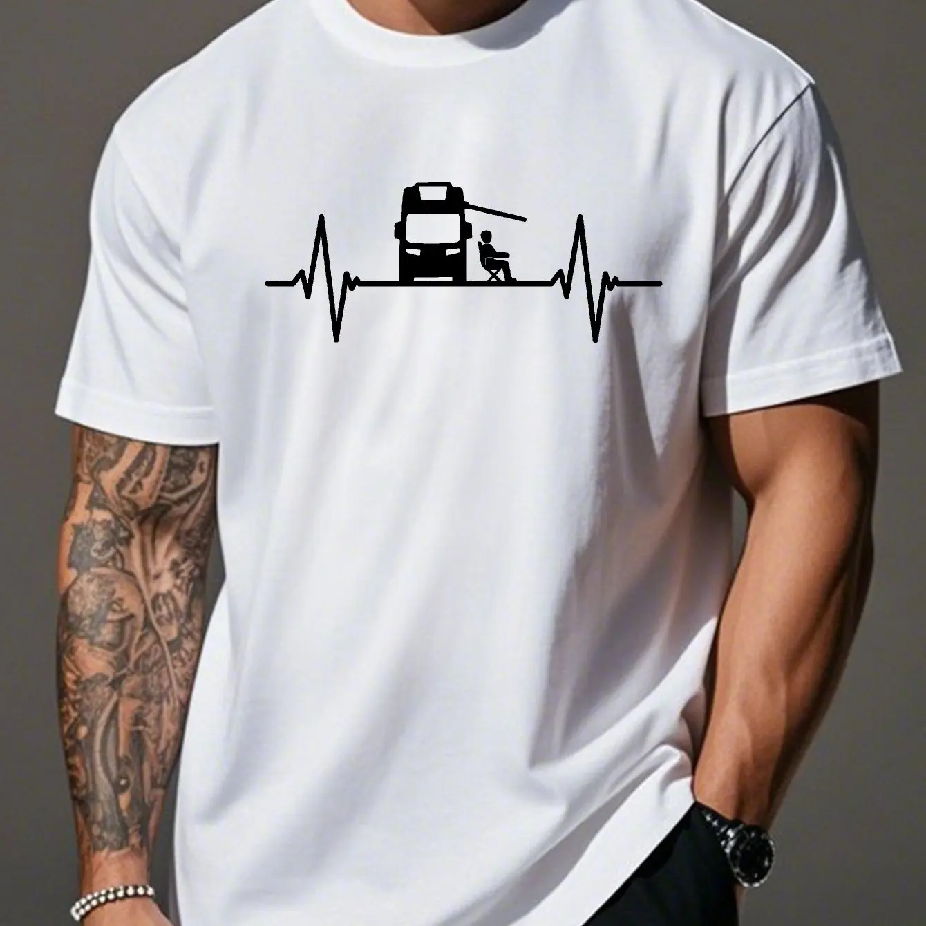 Men's Fishing Heartbeat Summer Fashion T-shirt Camper Van Camping Fisherman Print Tee Outdoor Lover Casual Cotton Tops