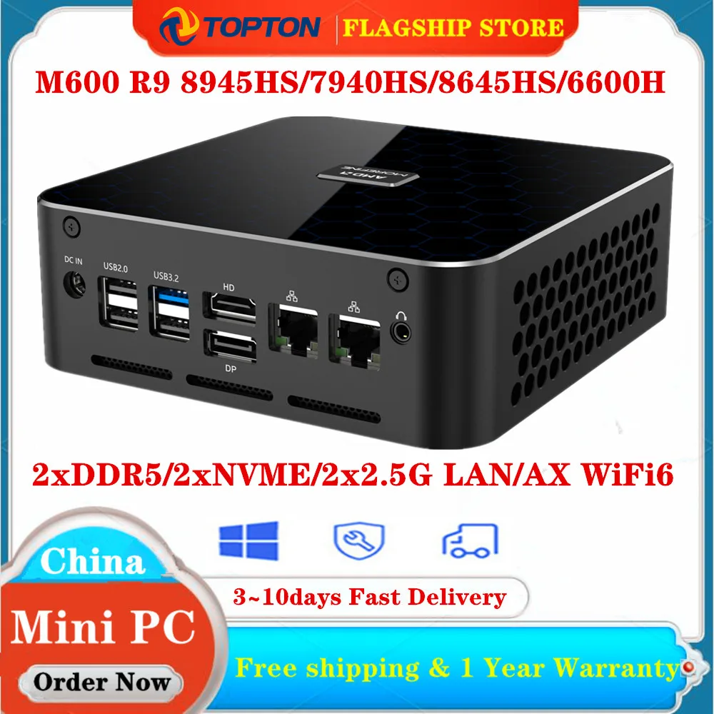 Topton M600 Rzyen 9 8945HS AMD AI 미니 PC 5 8645HS, 2xDDR5 2xPCIe4.0. 0 2x2.5G LAN, 윈도우 11 미니 PC 데스크탑 컴퓨터 게이머 PC, WiFi6