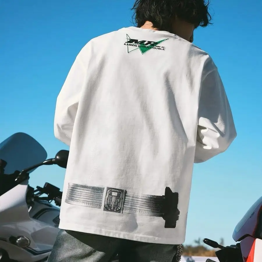 仮面ライダー変身ベルトコス長袖Tシャツ、アメリカンヴィンテージカジュアルトップ