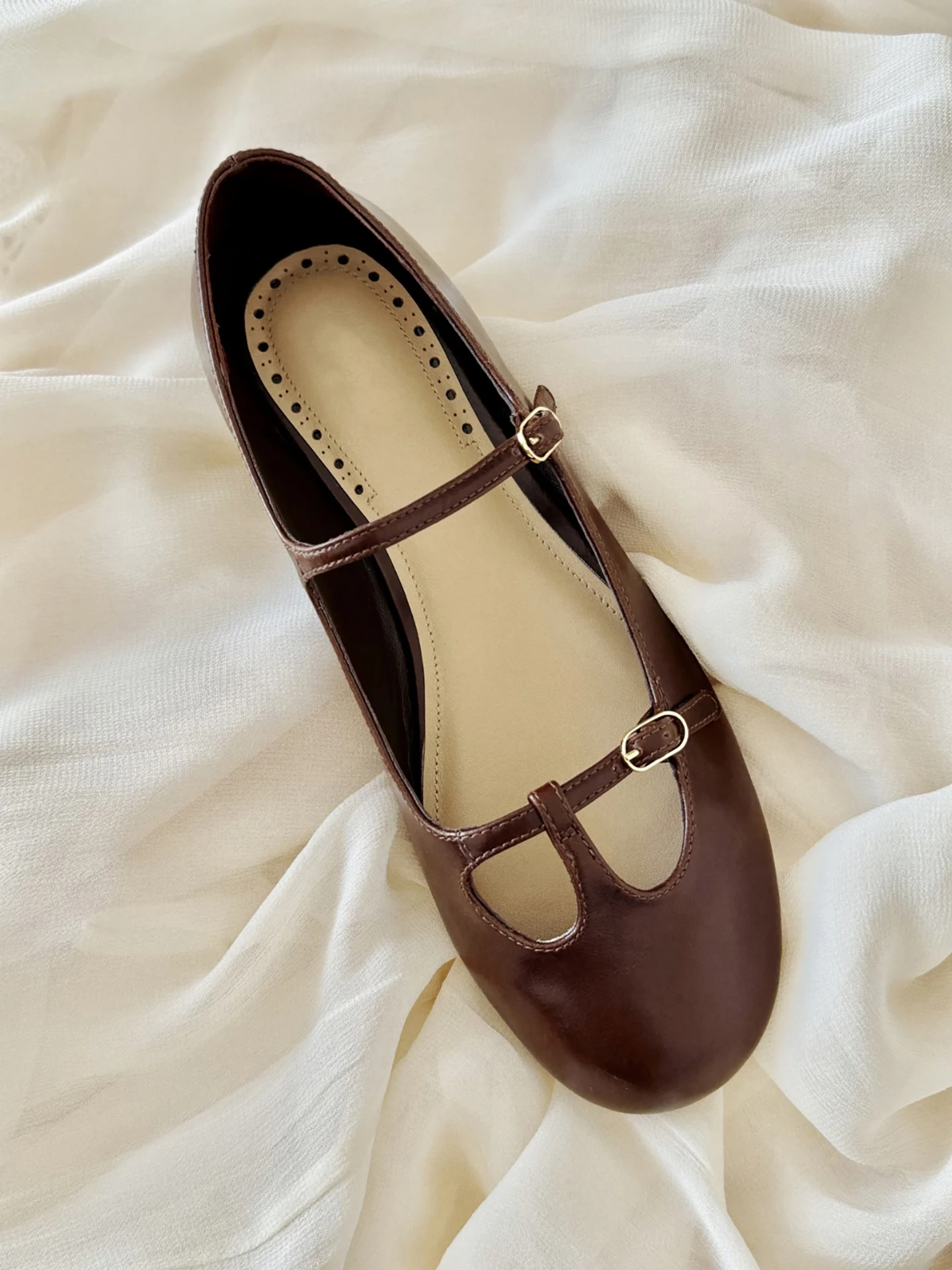 retro-brown-t-strap-mary-jane-ballet-flat-women's-shoes-round-toe-spring-summer-new-style-fashionable-single-shoes