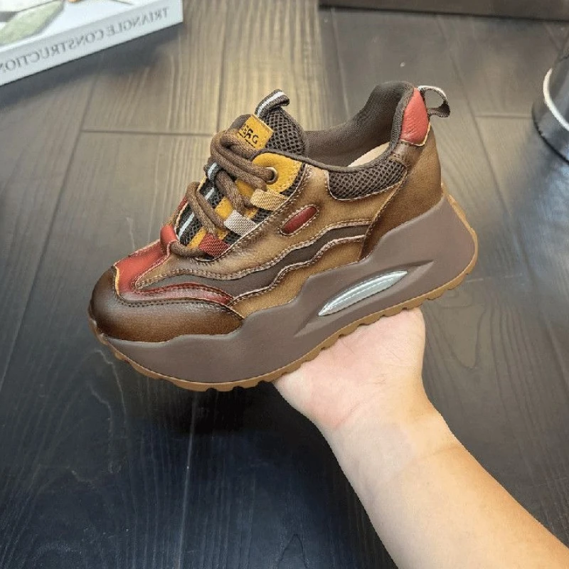 2025 Autumn Winter Retro Dad Sneakers Height Boost Thick Sole Warm Sports Color Blocking Women's Footwear