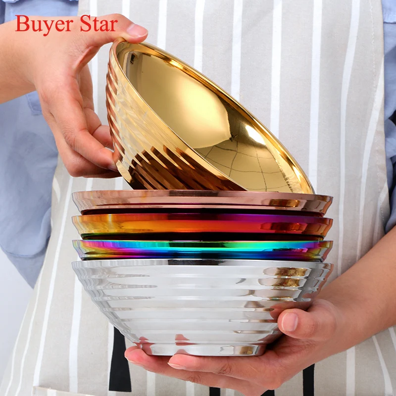 Gold Ramen noodle Bowls Stainless Steel Instant Noodle Bowls Soup Rice Bowl with Chopsticks spoon Metal dinnerware Kitchen tools