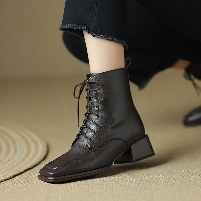 2023 Autumn New Genuine Leather Women Boots Retro Women Shoes Square Toe Chunky Heel Solid Chelsea Boots Winter Female Boots