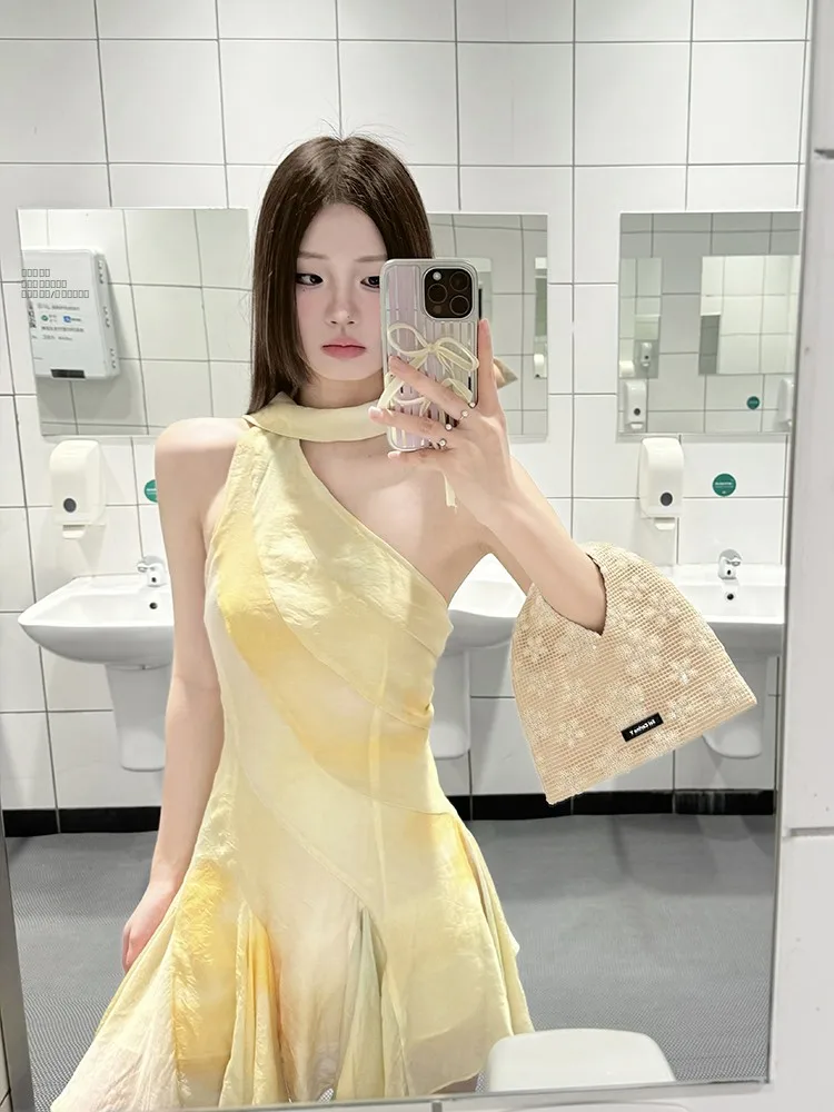 

XZY Yellow Dyed Ne Hanging Dr Women's plus Size Summer ort Skirt Asymmetrical Hem Korean Sle Commute Wind A-Line Dr