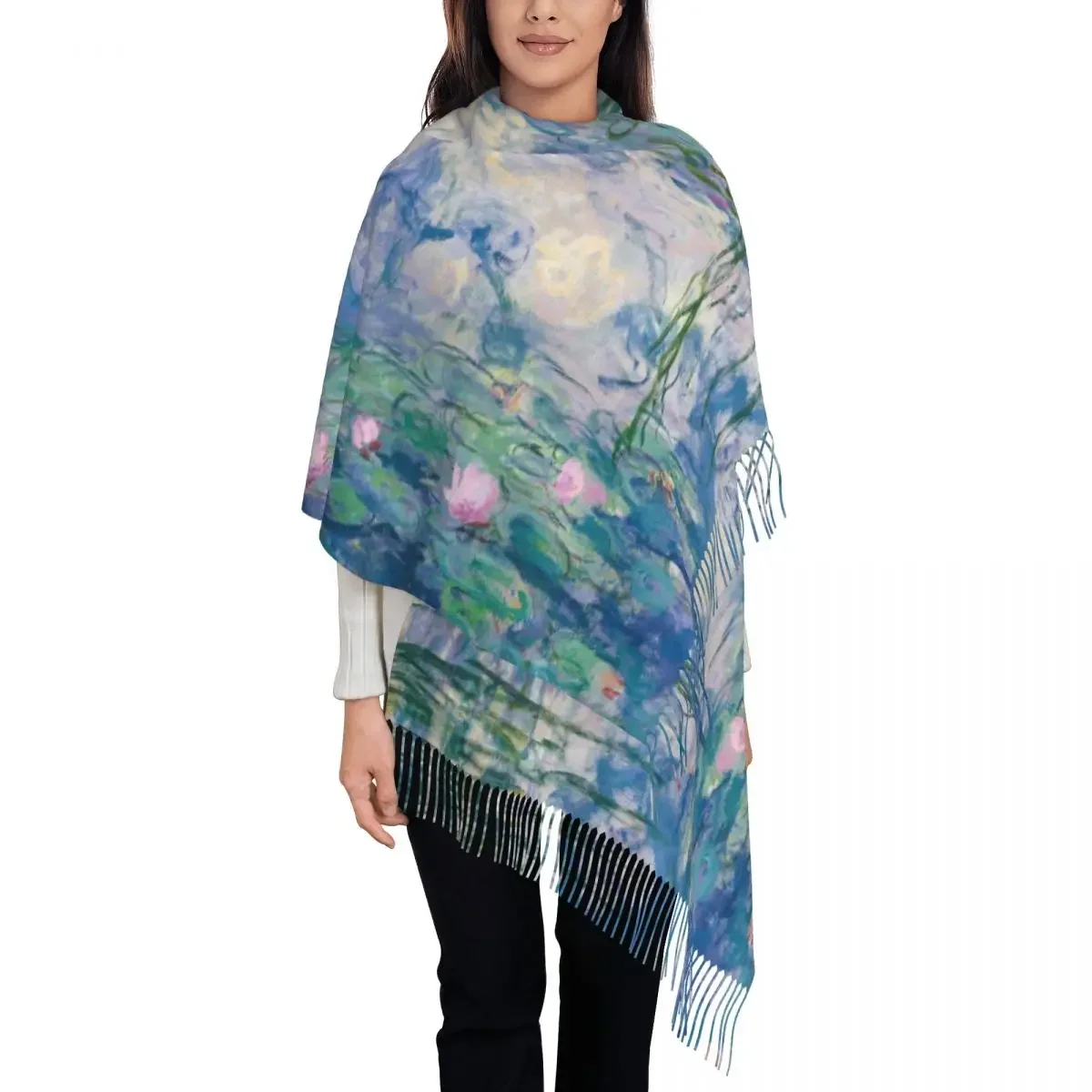 Lady Long Water Lilies Claude Fine Art Scarves Women Winter Thick Warm Tassel Shawl Wraps French Painter Art Scarf