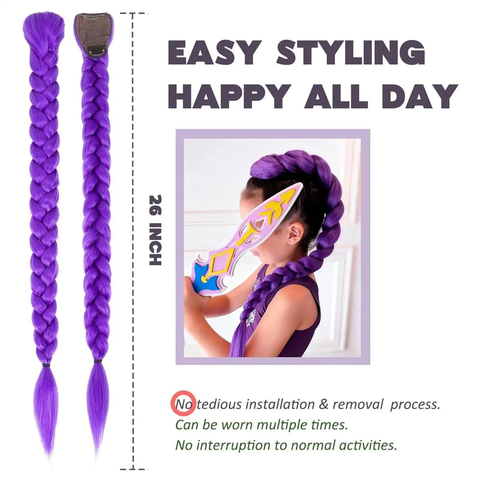 Costume Hairstyle 60cm Long Ponytail Wig with Clips Synthetic Braided Purple Hair for Kids Girls