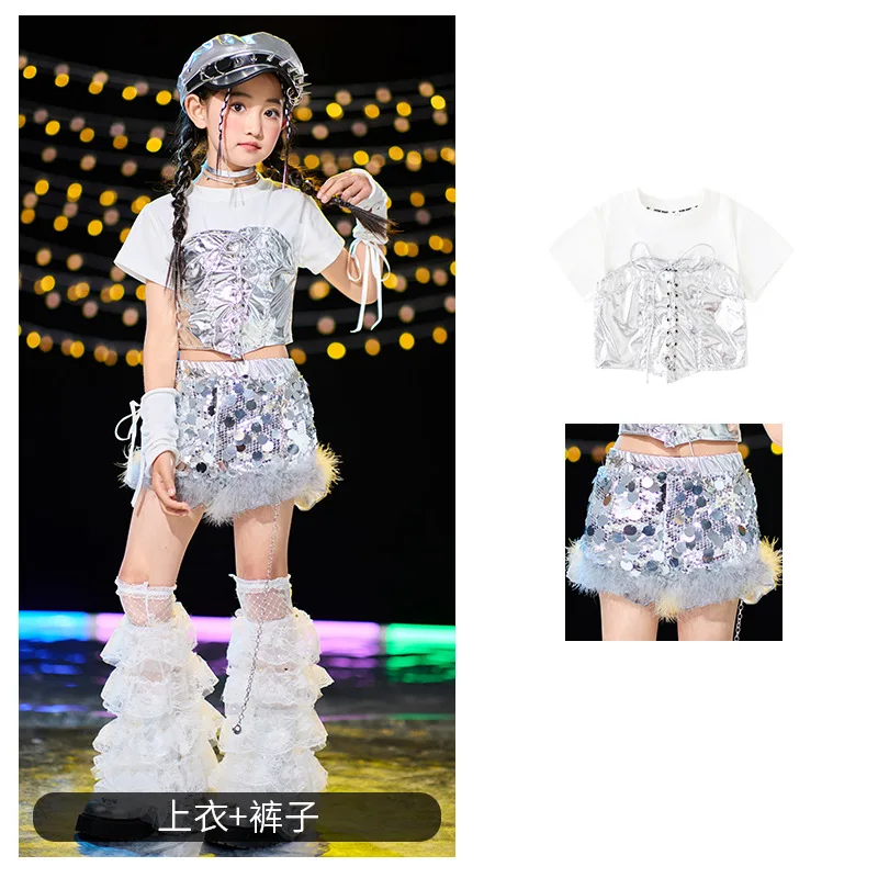 Hip Hop Shiny Silver Crop Top And Sequin Shorts Set for Girls Street Dance K-pop Jazz Children's Teen Group Streetwear Clothes