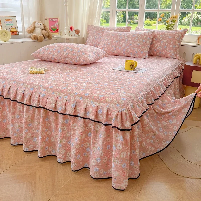 Skin Friendly Bed Skirt with Pastoral Style Comfortable and Breathable Bedding Home Lightweight and Cool Ruffle Design Bed Apron