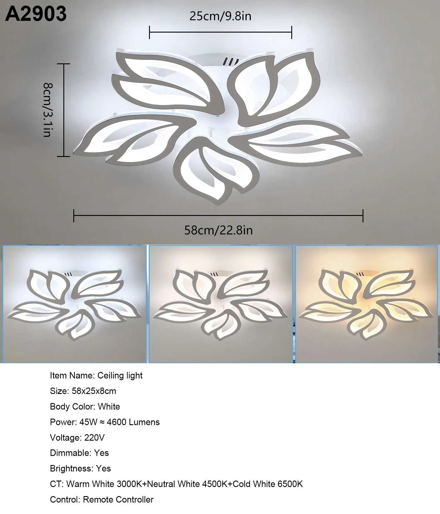 LED-Deckenleuchte, 45W Moderne LED-Deckenlampe Dimmbar mit Fernbedienung, Weiße 5-Blüten-Acryl-Deckenleuchte für Wohnzimmer – Detail 1
