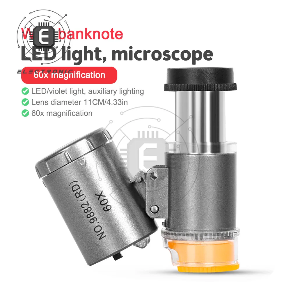 

60 Times Microscope LED Lamp Lights Portable Pocket With Lamp Magnifying Glass Magnifiers