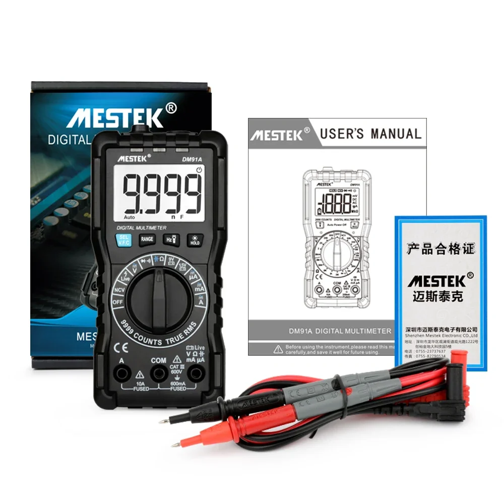 DM91A Mini Digital Multimeter9999 Counts True RMS Auto Range AC/DC Volt Amp Ohm Diode Continuity Capacitance Tester