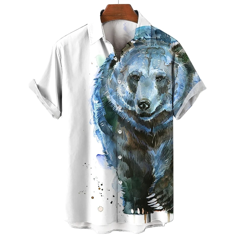 

Fashion Bear Graphic Shirts For Men Trendy Summer Short Sleeve 3D Animal Printed Shirt Loose Streetwear Lapel Button Blouses