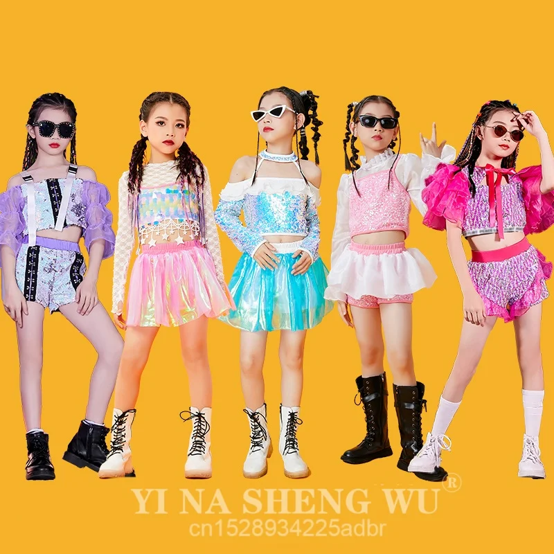 夏のダンス衣装子供女の子用 2 個クロップトップ & ショーツスパンコールヒップホップ衣装子供女の子服 5-14 歳ジャズダンス