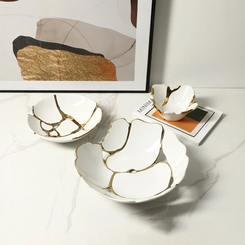 

Modern Creative Crack Gold Thread Ceramic Fruit tray,Living Room Tea Table Dining Table Storage Plate Decoration,home accessorie