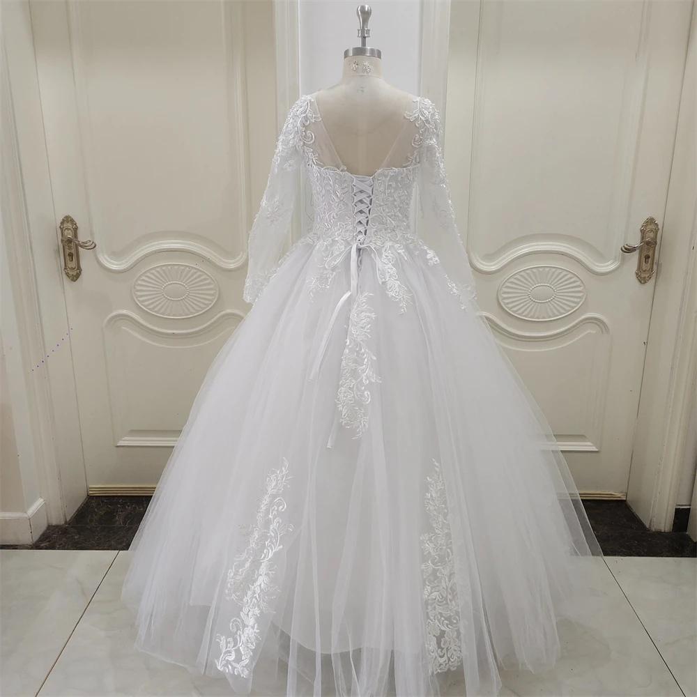 Personalizzato ZJ9320 Boho Pizzo Tulle Abito da sposa Principessa Champagne A-Line Scollo a V Maniche lunghe Appliques Illusion Backless Bridal