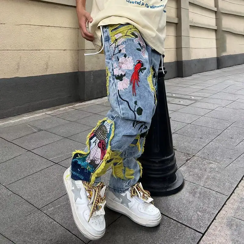 MWJLPWQ Hiphop Y2k American Street Heavy Stickerei Distressed Jeans Herren Unisex 2025, neue gebürstete Loch-Nissed-Langhose 12529