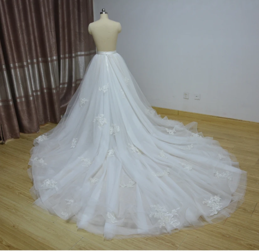 Vestidos de novia con apliques de encaje blanco, cola desmontable, falda extraíble de tul champán, tamaño personalizado, falda de boda con cremallera, talla personalizada