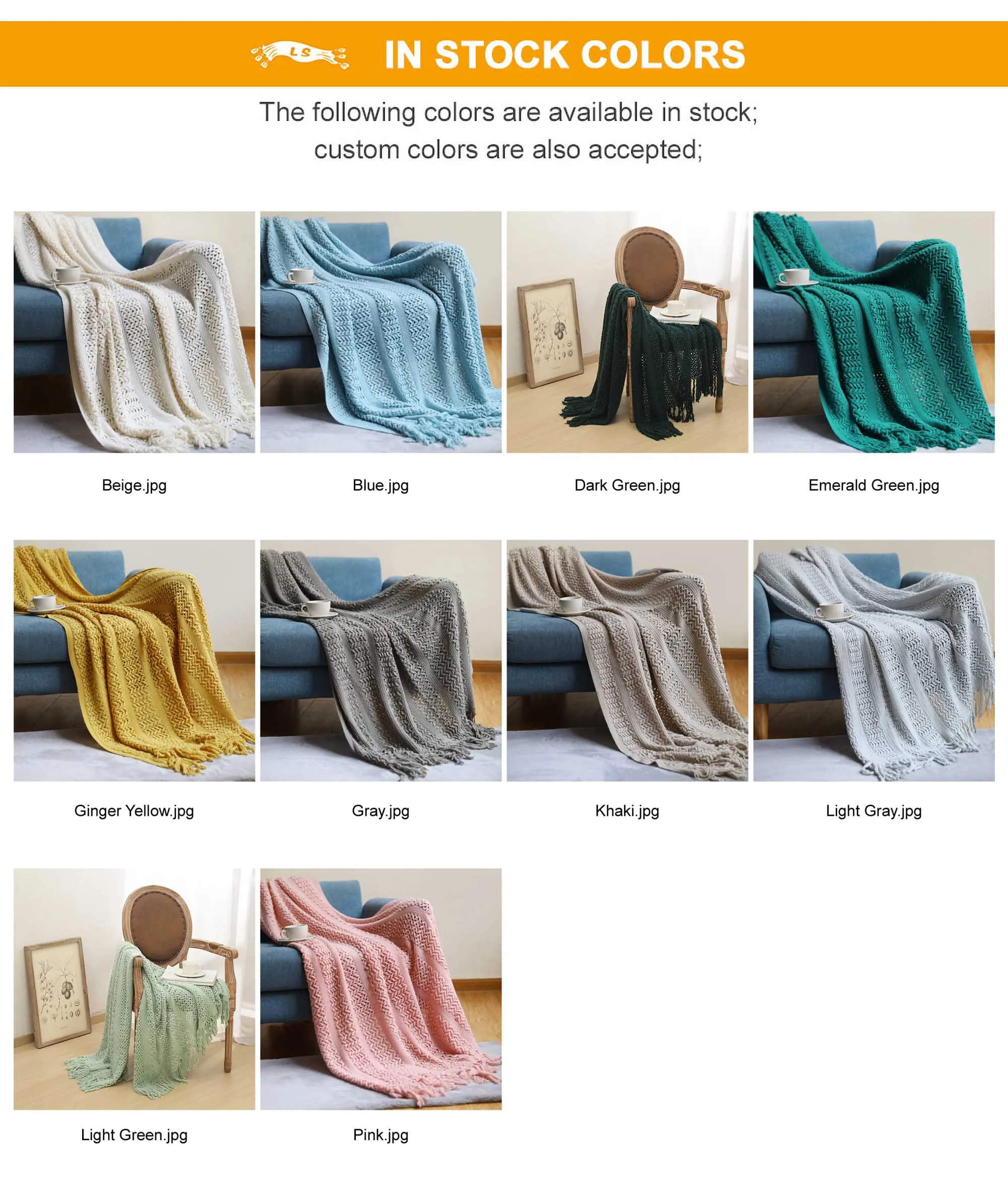 Textured Solid Knit Throw Blanket with Tassels, Nordic Style Acrylic Sofa Couch Decorative Blanket for Indoor & Outdoor Use
