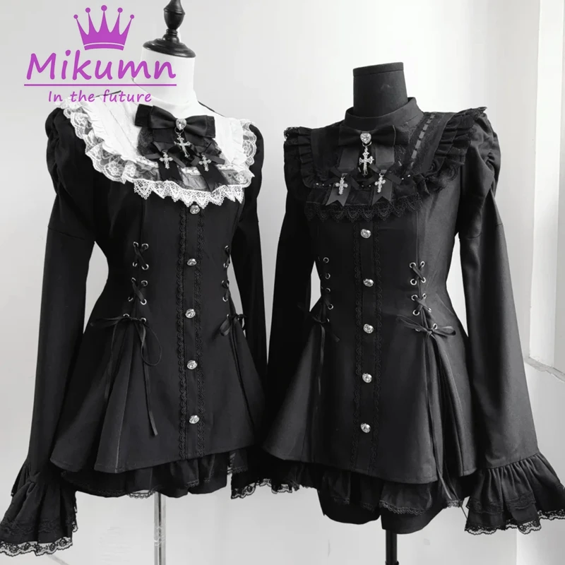 Mikumn Harajuku Y2k Japanischer Lolita-Stil Kleid mit Shorts Kawaii Vestidos Damen Gothic Spitze Schleife Trompetenärmel Party Minikleid