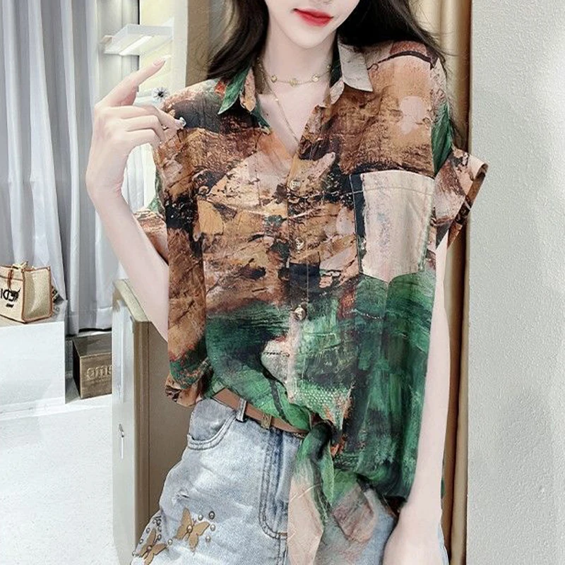 Women Printed Lace Up Harajuku Vintage Button Shirts Summer Fashion Short Sleeve Oversized Blouses Streetwear Casual Tops Female