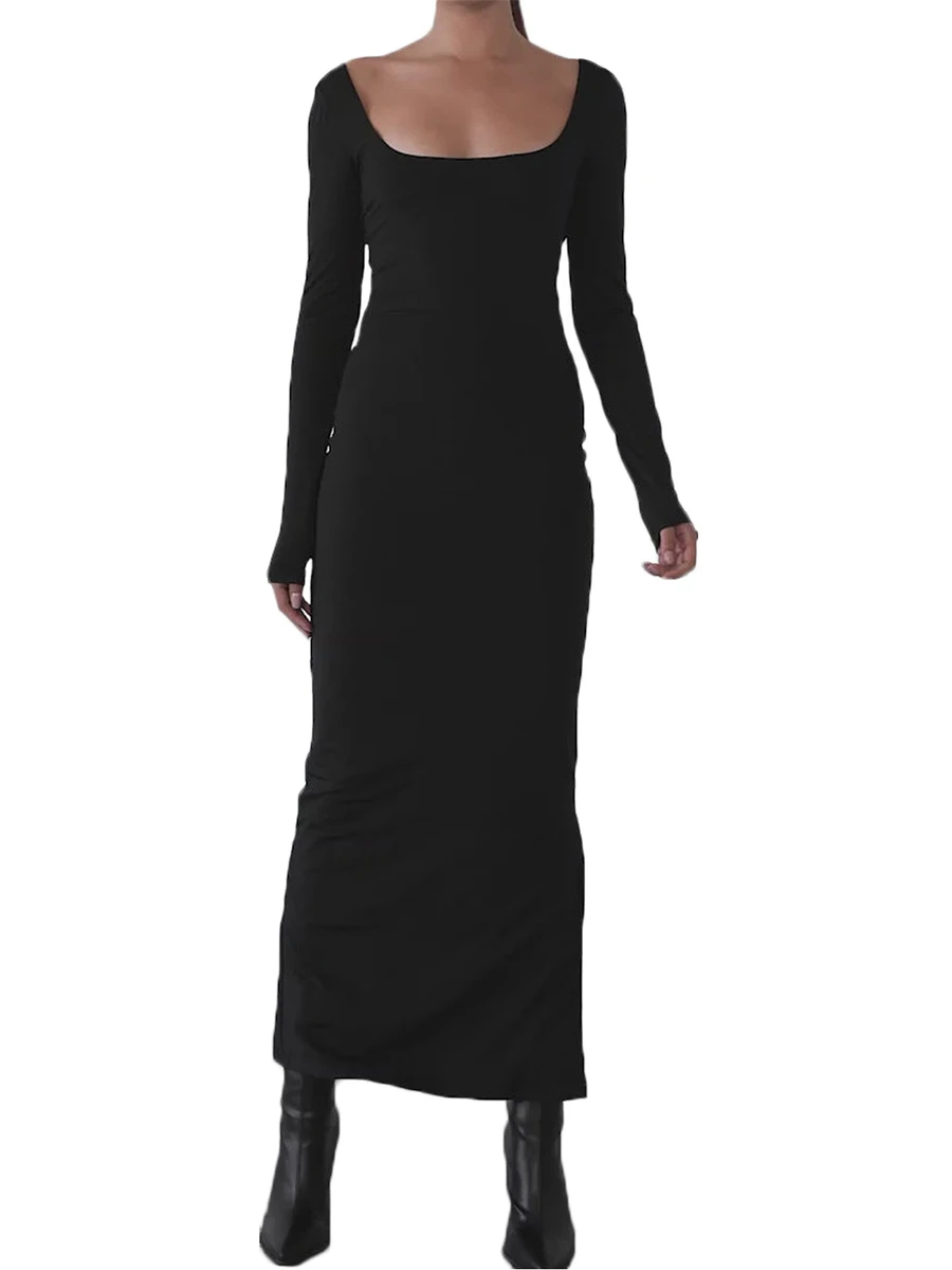 

Women Autumn Long Evening Dress Black Long Sleeve Square Neck Open Back Party Dress