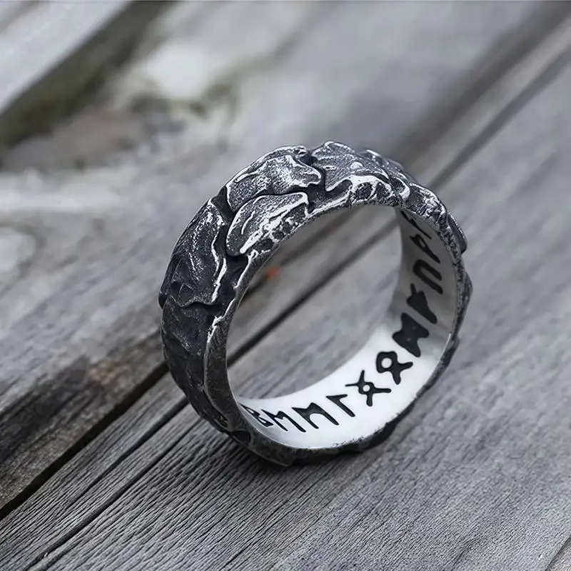 2024 New Arrival Unique Design Stainless Steel Viking Round Rock Ring Viking Rune Amulet Vintage Jewelry Gift