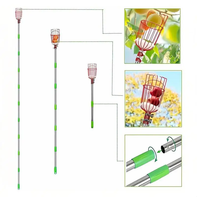 Telescopic Fruit Picker Stainless Steel Apple Picking Device Portable Harvesting Fruit Collector Catcher Detachable Picker Pole