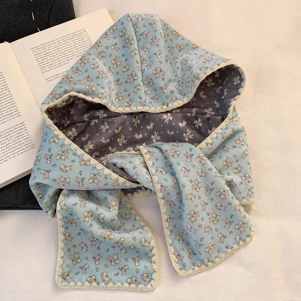 Double-Sided Winter Scarf Hat Warm Thick Hooded Earmuffs Scarf Convertible Floral Print Two-In-One Hat Scarf Cold Weather