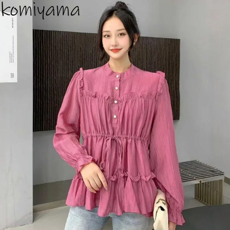 

Плиссированные рубашки и блузки с грибком, туника на шнуровке, Blusas 2021, женские майки с длинным рукавом, Ropa Mujer, весенняя новая женская одежда