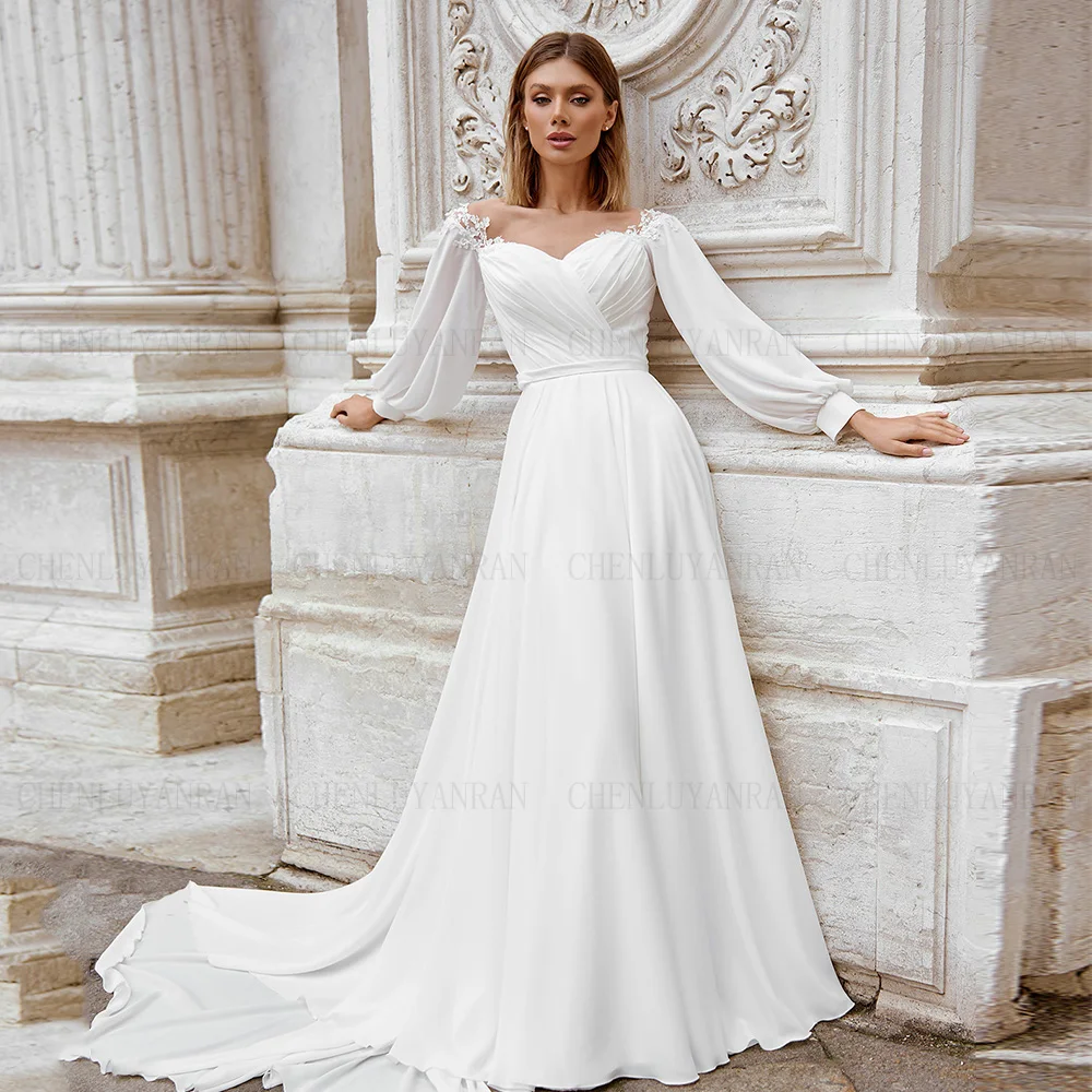 

Ivory Chiffon Wedding Dresses Simple Full Sleeves Sexy Bride Dresses Sweep Train Long Dresses For Women 2023 Robe De Mariée