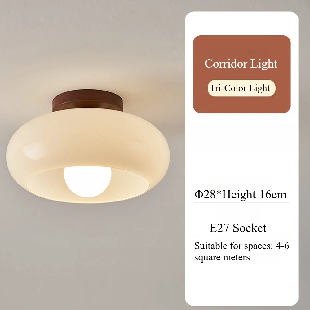 مصباح سقف قابل للتعتيم بثلاثة ألوان مع غطاء زجاجي كريمي، مصباح سقف LED عتيق مع قاعدة خشبية لغرفة النوم والممر وغرفة المعيشة