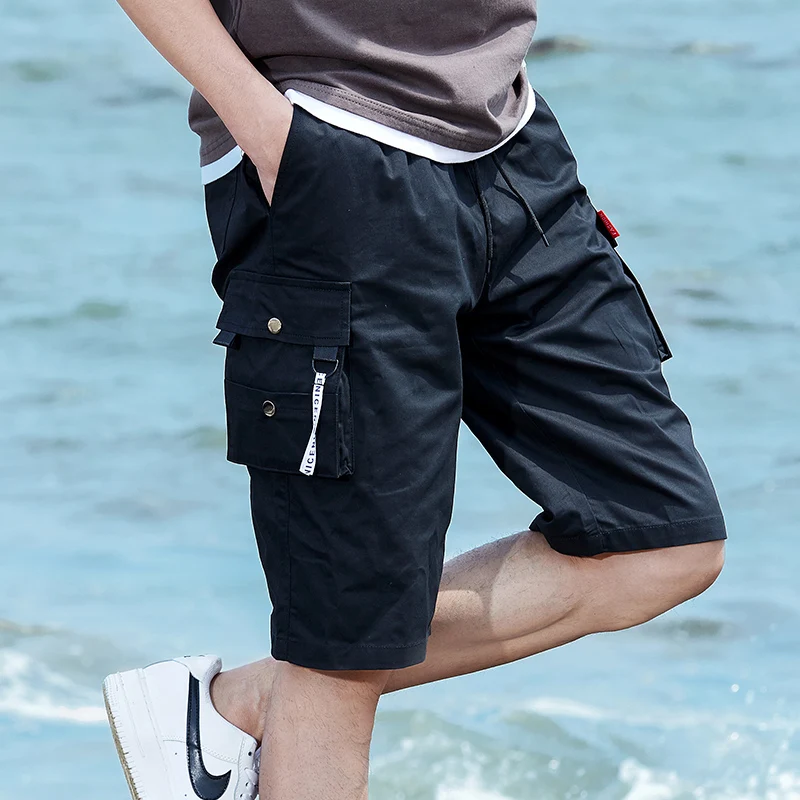 

8XL Men Summer Shorts Elastic Waistband Drawstring Shorts Multi Pockets Straight Wide Leg Mid-rise Sport Cargo Shorts Streetwear