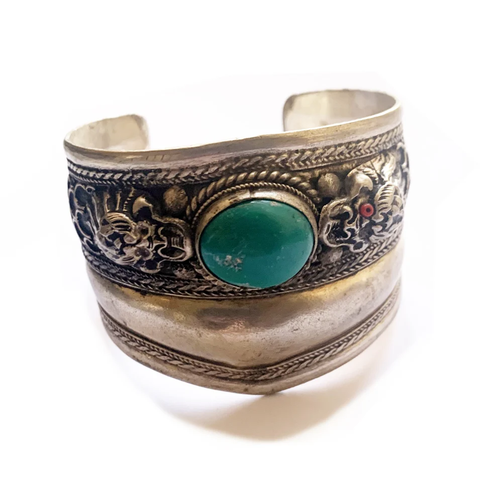 

charming Tibetan Silver Turquoise carving Double Dragon Bracelet tibet Silver Jewelry Bracelet